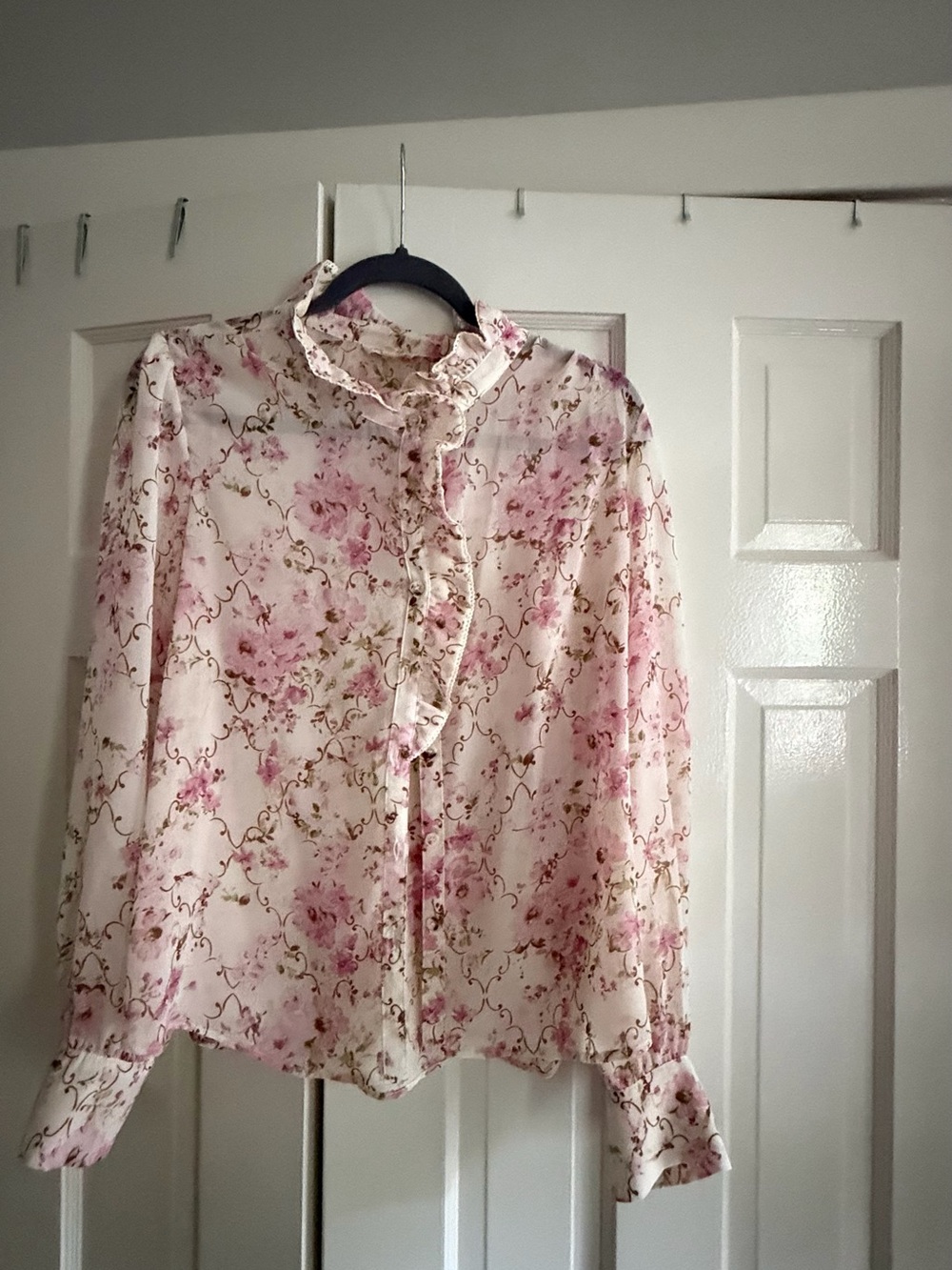 Mystree Cream Sheer Blouse with Pink Floral Print